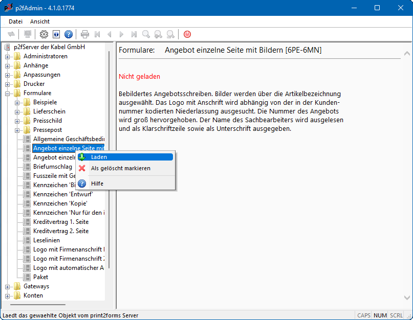 Administrationsprogramm Objekt laden