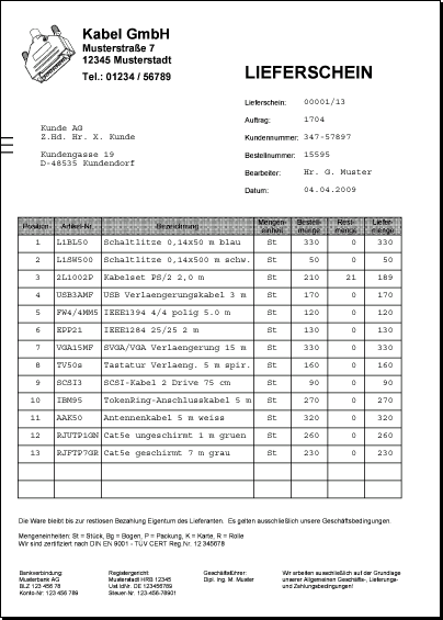 Ausdruck Lieferschein
