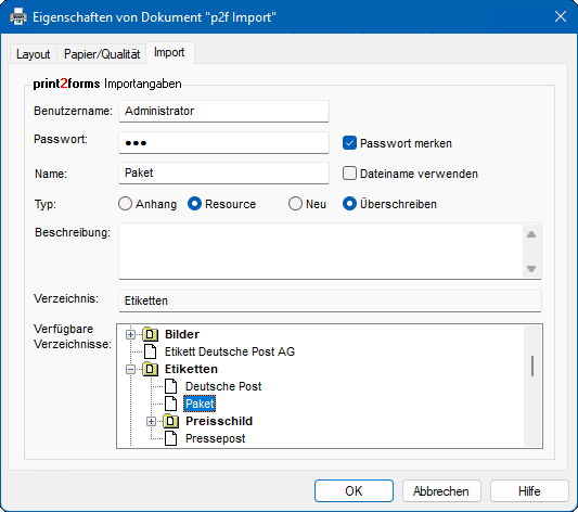 Importeinstellungen Aufkleber Postpaket