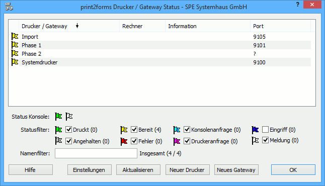Kontrollfeld Drucker-/Gateway-Service